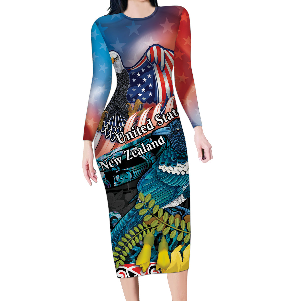 Personalised United States And New Zealand Family Matching Long Sleeve Bodycon Dress and Hawaiian Shirt USA Eagle With Kowhai Aotearoa Tui Bird