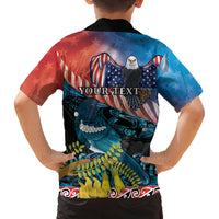 Personalised United States And New Zealand Family Matching Off The Shoulder Long Sleeve Dress and Hawaiian Shirt USA Eagle With Kowhai Aotearoa Tui Bird