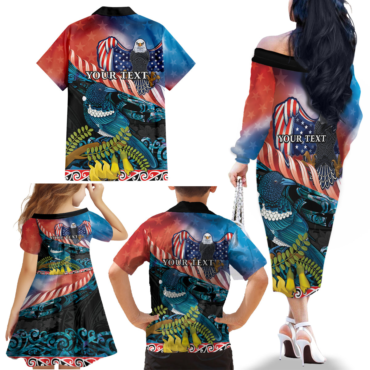 Personalised United States And New Zealand Family Matching Off The Shoulder Long Sleeve Dress and Hawaiian Shirt USA Eagle With Kowhai Aotearoa Tui Bird
