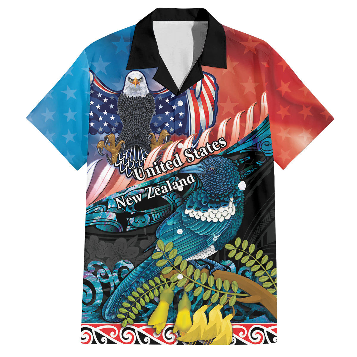 Personalised United States And New Zealand Family Matching Off The Shoulder Long Sleeve Dress and Hawaiian Shirt USA Eagle With Kowhai Aotearoa Tui Bird