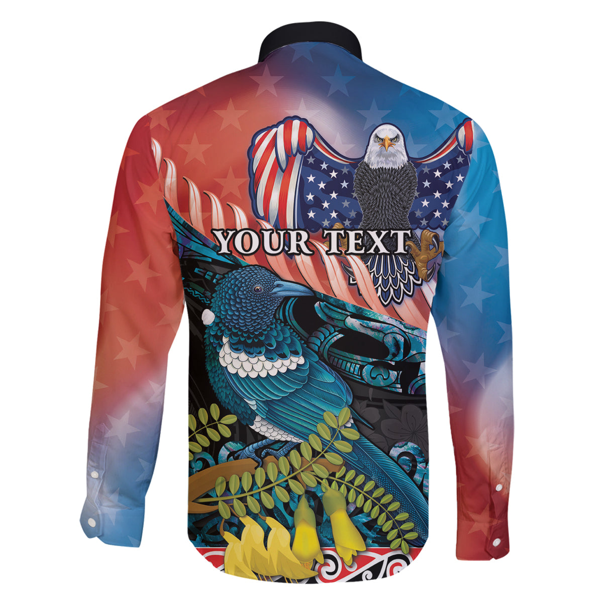 Personalised United States And New Zealand Family Matching Off The Shoulder Long Sleeve Dress and Hawaiian Shirt USA Eagle With Kowhai Aotearoa Tui Bird