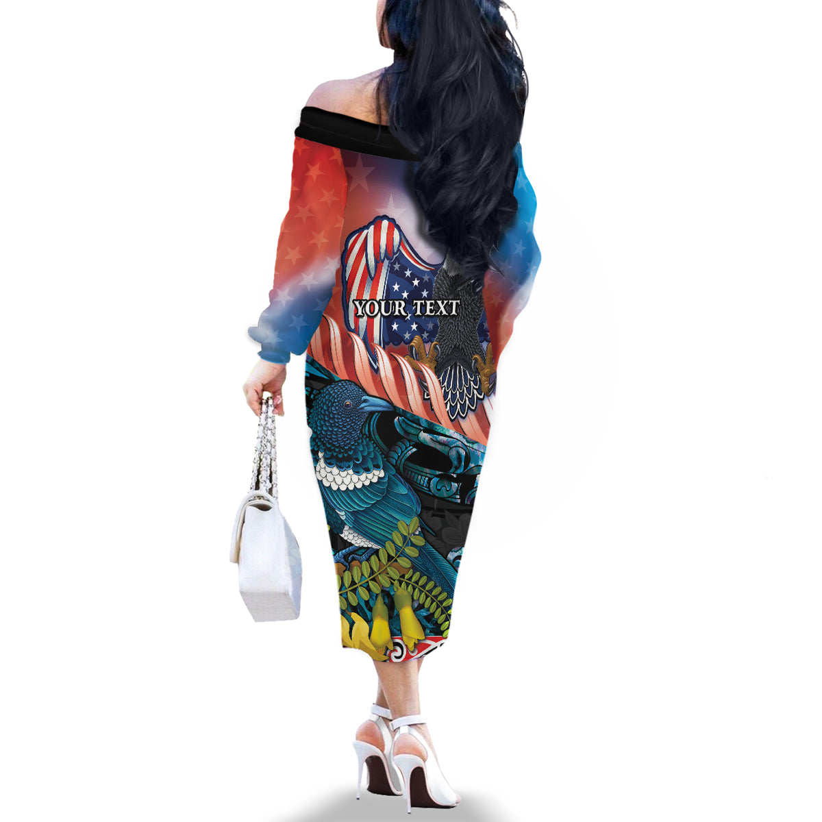 Personalised United States And New Zealand Family Matching Off The Shoulder Long Sleeve Dress and Hawaiian Shirt USA Eagle With Kowhai Aotearoa Tui Bird
