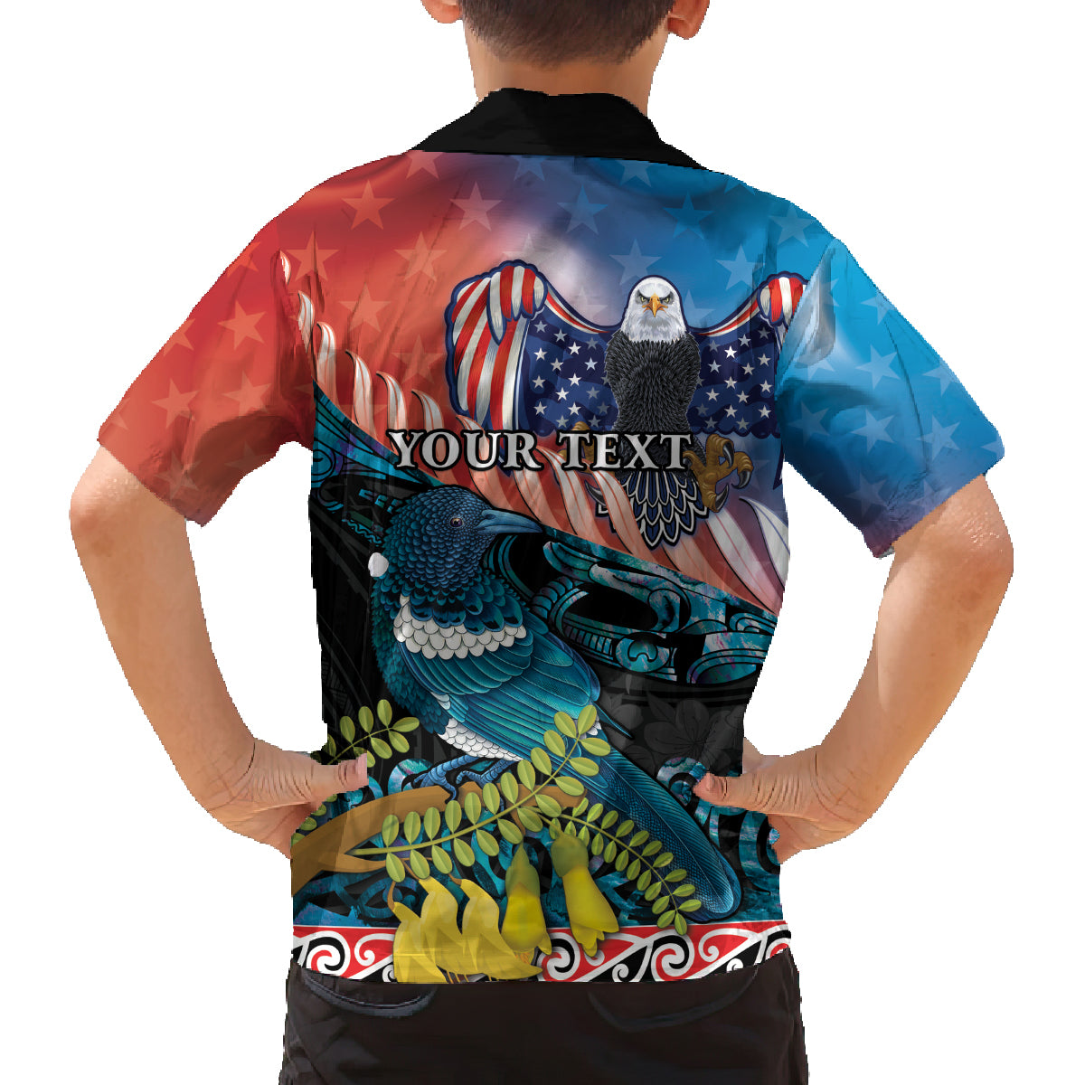 Personalised United States And New Zealand Family Matching Off Shoulder Short Dress and Hawaiian Shirt USA Eagle With Kowhai Aotearoa Tui Bird LT14 - Polynesian Pride