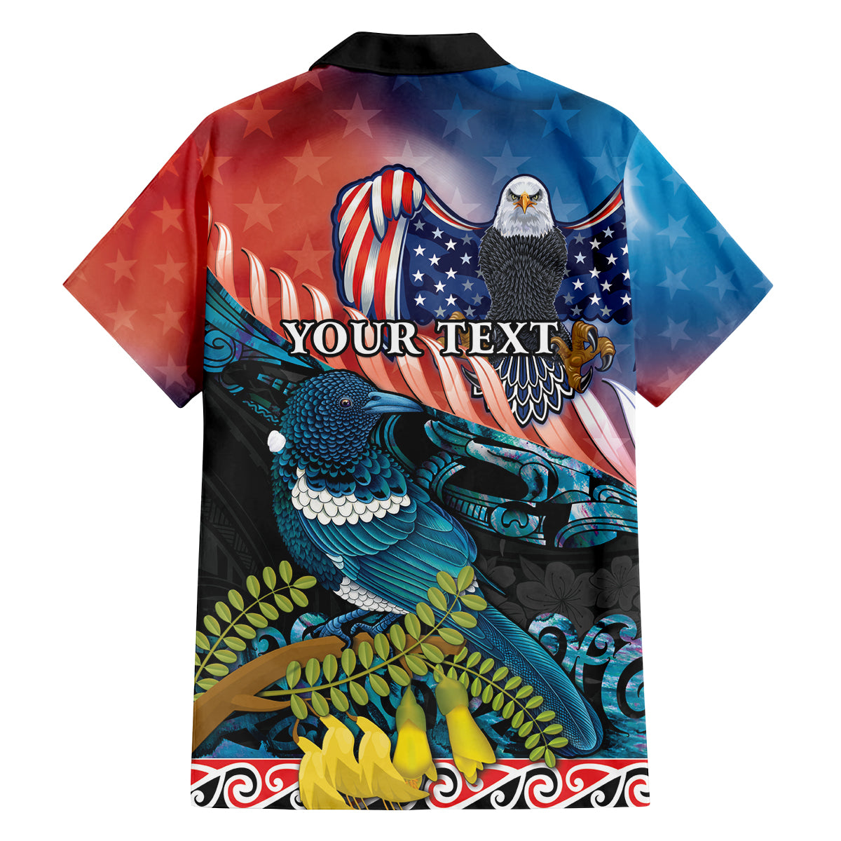 Personalised United States And New Zealand Family Matching Off Shoulder Short Dress and Hawaiian Shirt USA Eagle With Kowhai Aotearoa Tui Bird LT14 - Polynesian Pride