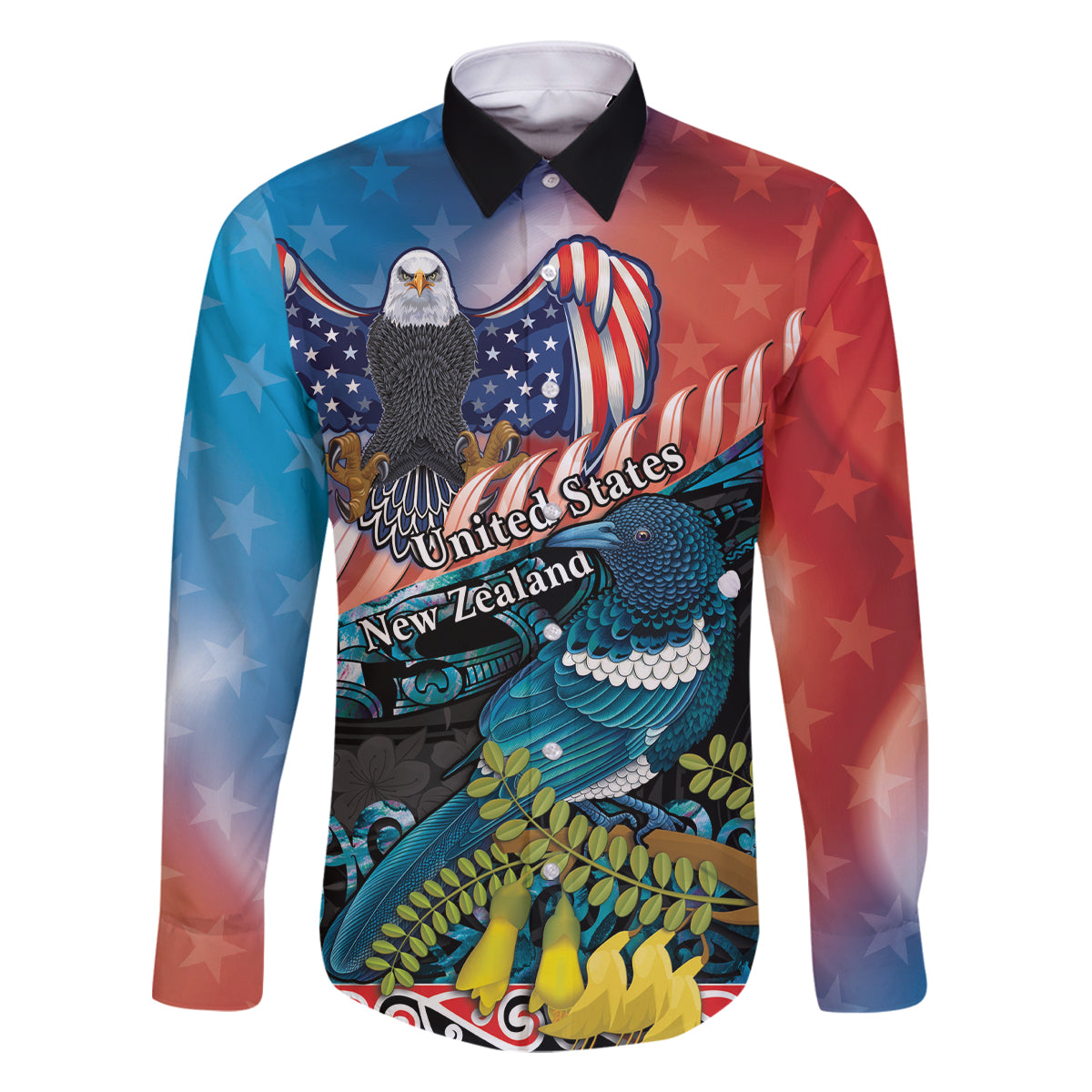 Personalised United States And New Zealand Family Matching Off Shoulder Short Dress and Hawaiian Shirt USA Eagle With Kowhai Aotearoa Tui Bird LT14 Dad's Shirt - Long Sleeve Blue - Polynesian Pride