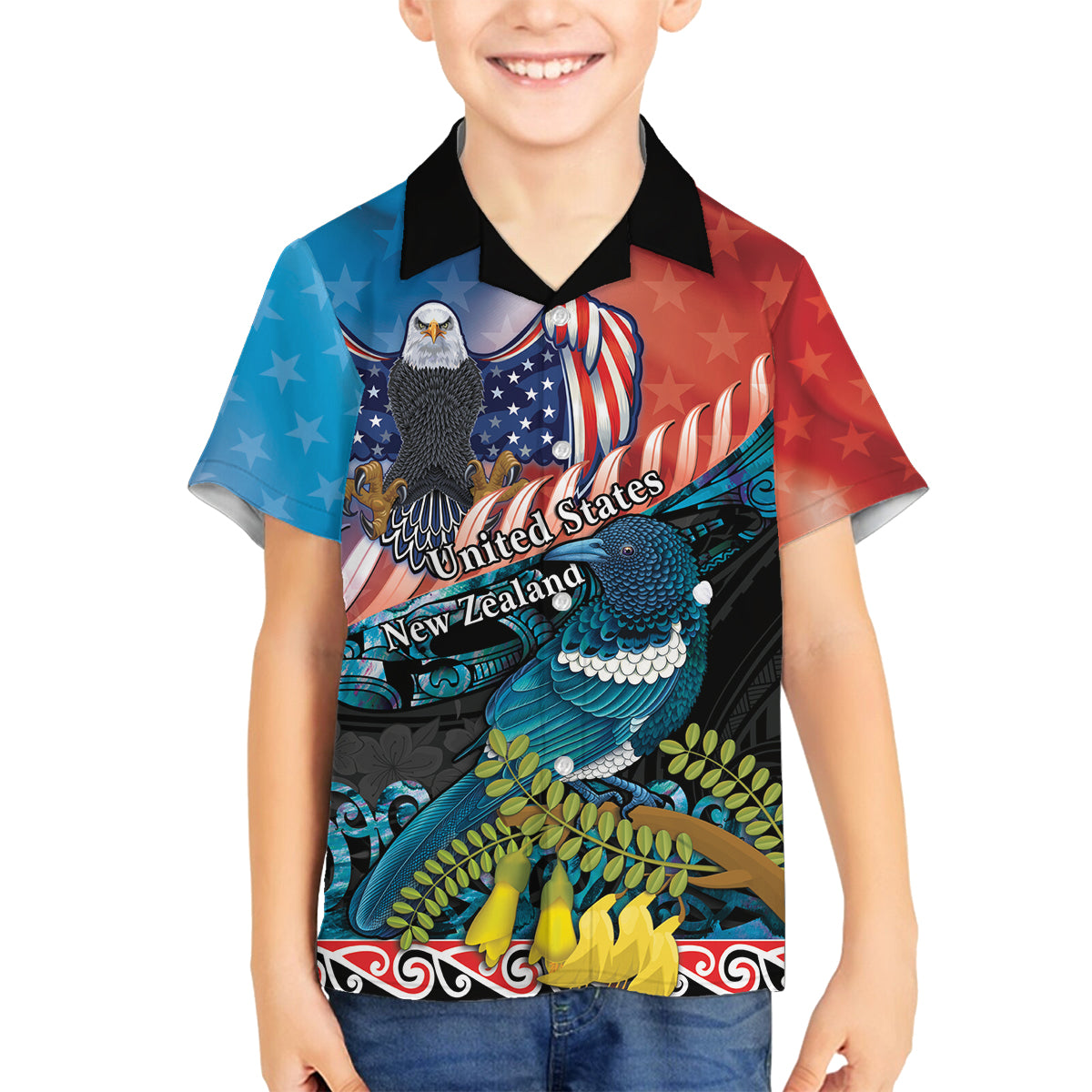 Personalised United States And New Zealand Family Matching Off Shoulder Short Dress and Hawaiian Shirt USA Eagle With Kowhai Aotearoa Tui Bird LT14 Son's Shirt Blue - Polynesian Pride