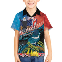 Personalised United States And New Zealand Family Matching Off Shoulder Short Dress and Hawaiian Shirt USA Eagle With Kowhai Aotearoa Tui Bird LT14 Son's Shirt Blue - Polynesian Pride