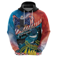 Personalised United States And New Zealand Hoodie USA Eagle With Kowhai Aotearoa Tui Bird