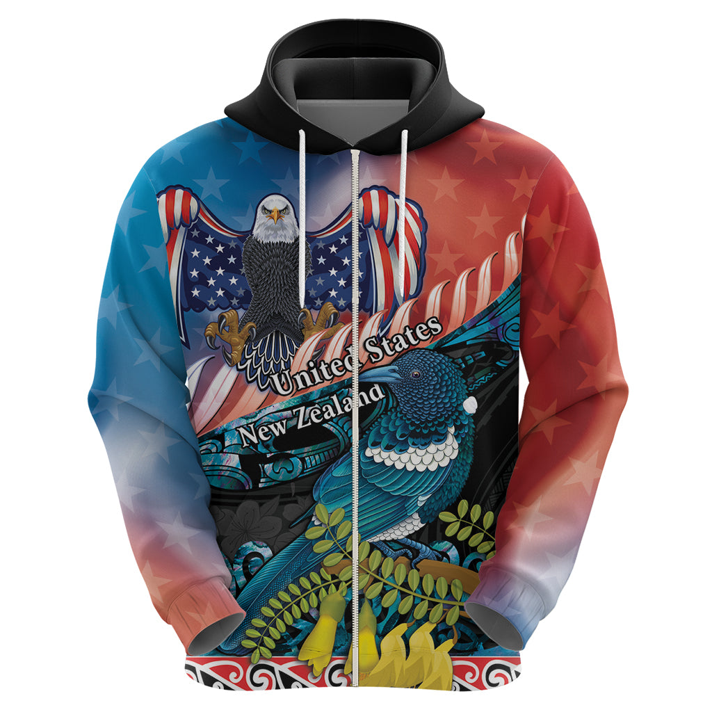 Personalised United States And New Zealand Hoodie USA Eagle With Kowhai Aotearoa Tui Bird