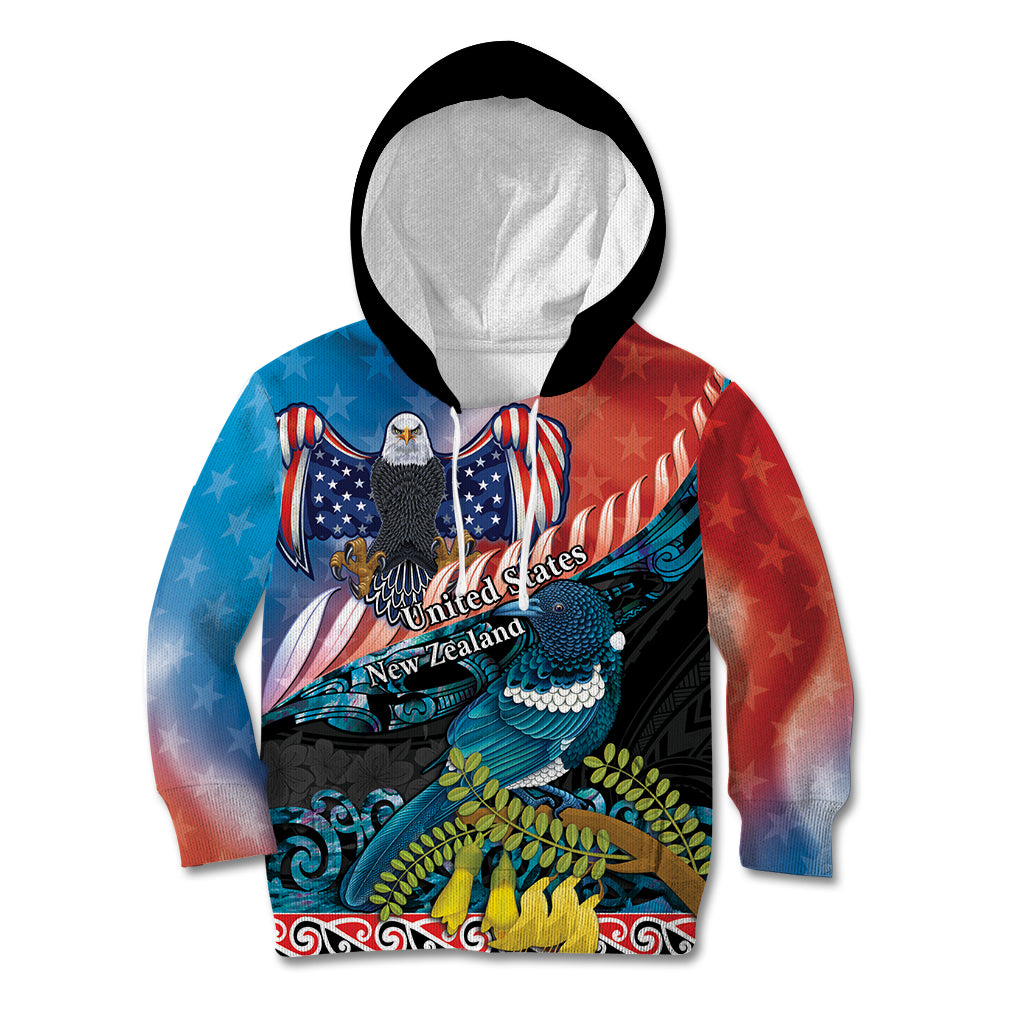 Personalised United States And New Zealand Kid Hoodie USA Eagle With Kowhai Aotearoa Tui Bird