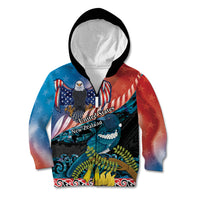 Personalised United States And New Zealand Kid Hoodie USA Eagle With Kowhai Aotearoa Tui Bird