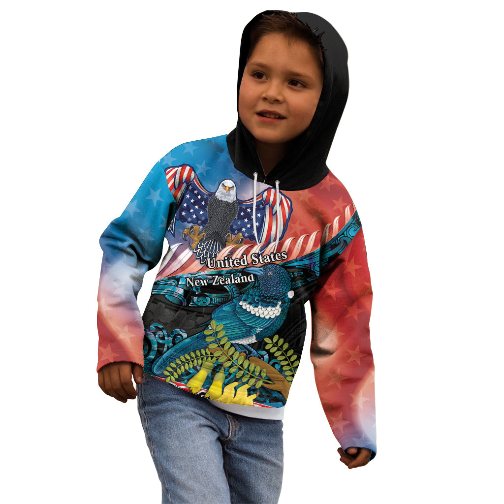Personalised United States And New Zealand Kid Hoodie USA Eagle With Kowhai Aotearoa Tui Bird