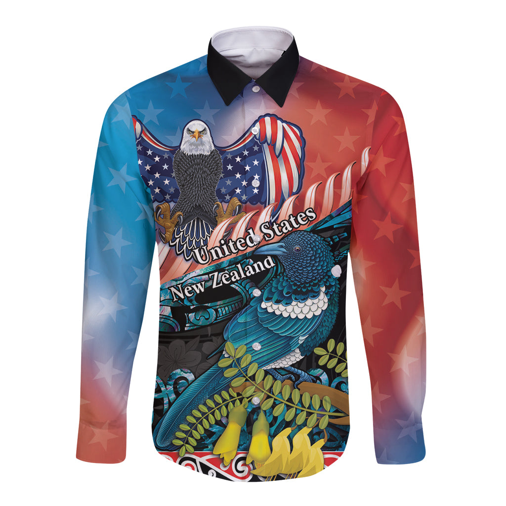 Personalised United States And New Zealand Long Sleeve Button Shirt USA Eagle With Kowhai Aotearoa Tui Bird LT14 Unisex Blue - Polynesian Pride