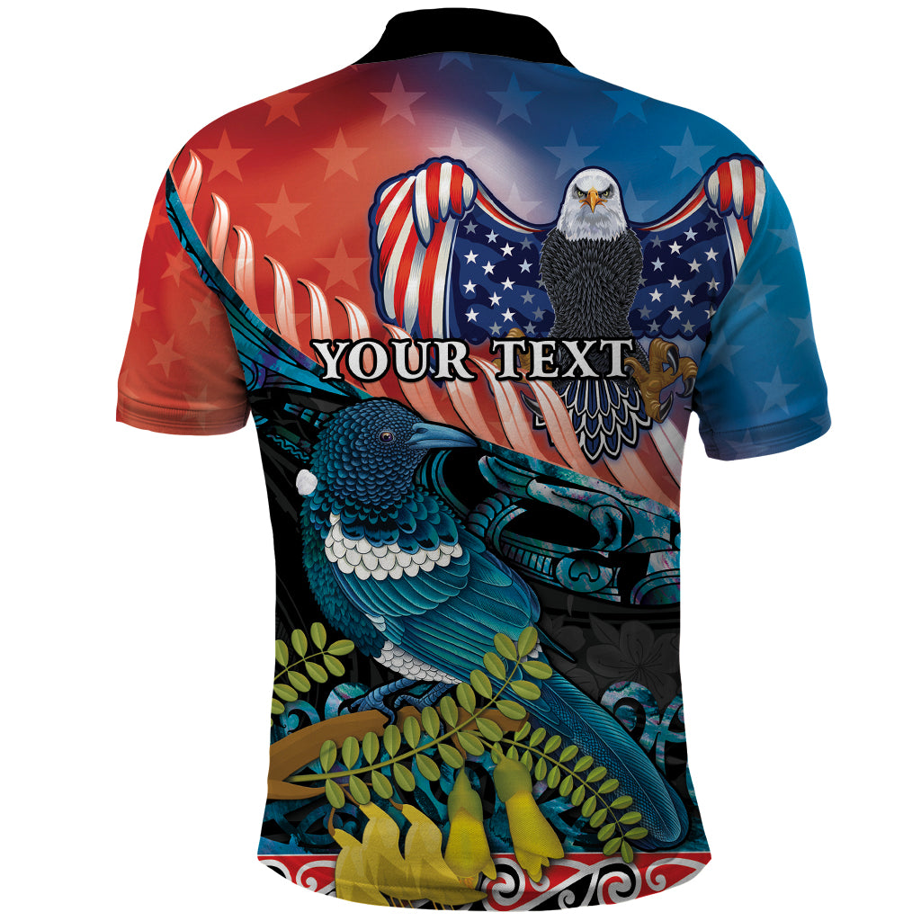Personalised United States And New Zealand Polo Shirt USA Eagle With Kowhai Aotearoa Tui Bird