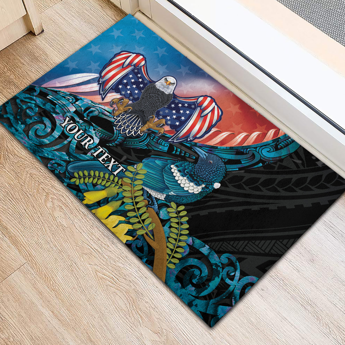 Personalised United States And New Zealand Rubber Doormat USA Eagle With Kowhai Aotearoa Tui Bird