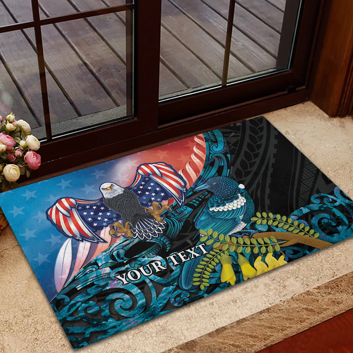 Personalised United States And New Zealand Rubber Doormat USA Eagle With Kowhai Aotearoa Tui Bird