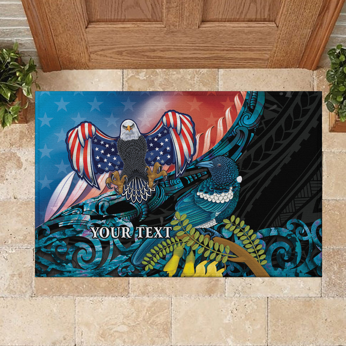 Personalised United States And New Zealand Rubber Doormat USA Eagle With Kowhai Aotearoa Tui Bird