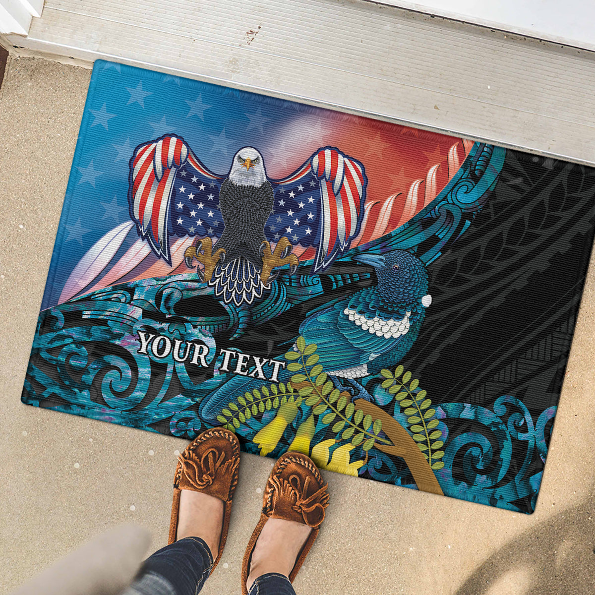 Personalised United States And New Zealand Rubber Doormat USA Eagle With Kowhai Aotearoa Tui Bird