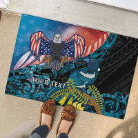 Personalised United States And New Zealand Rubber Doormat USA Eagle With Kowhai Aotearoa Tui Bird