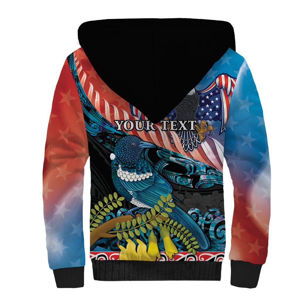 Personalised United States And New Zealand Sherpa Hoodie USA Eagle With Kowhai Aotearoa Tui Bird
