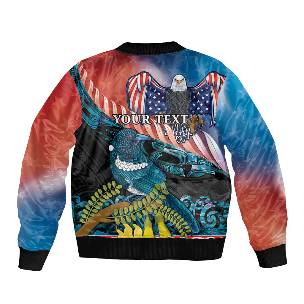 Personalised United States And New Zealand Sleeve Zip Bomber Jacket USA Eagle With Kowhai Aotearoa Tui Bird