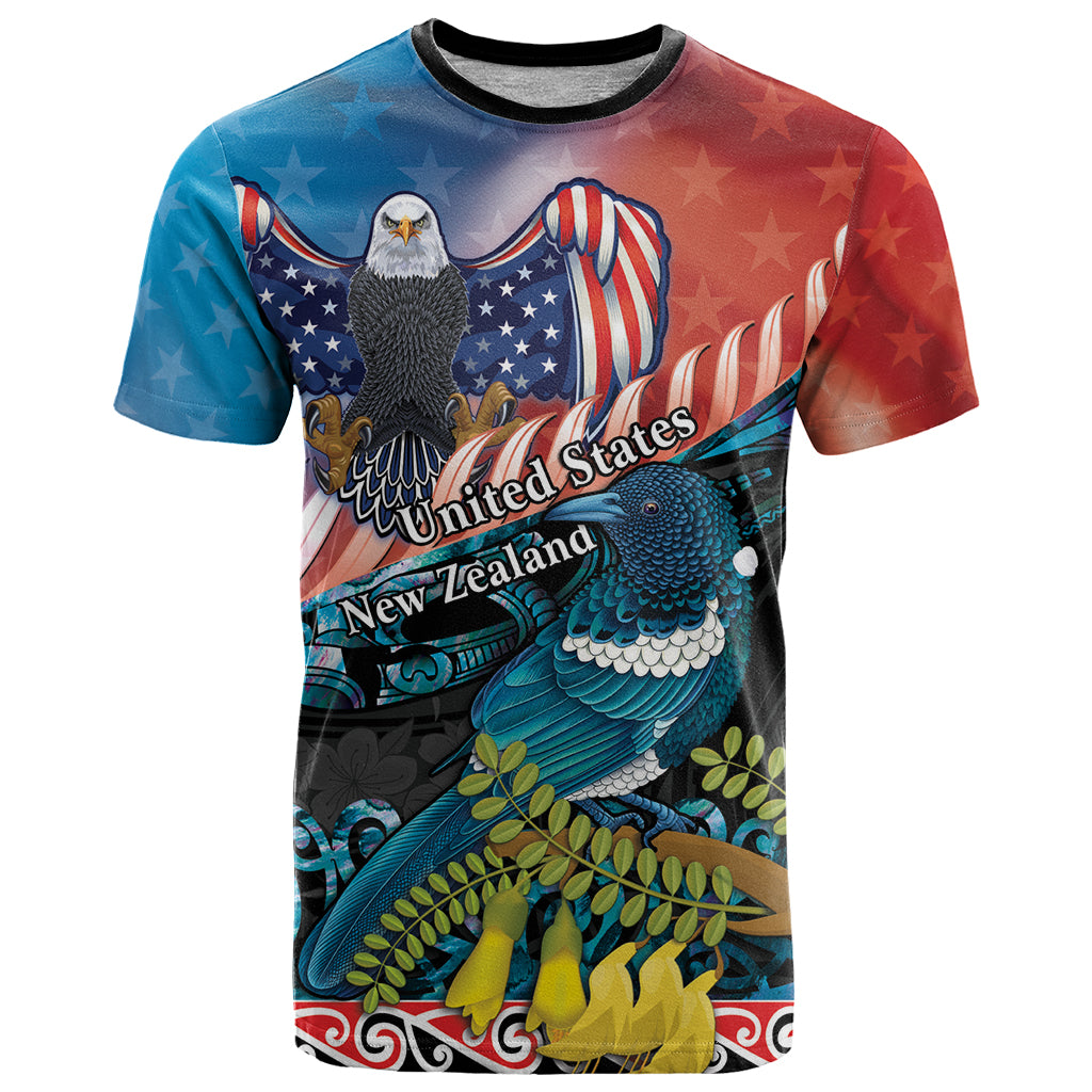 Personalised United States And New Zealand T Shirt USA Eagle With Kowhai Aotearoa Tui Bird