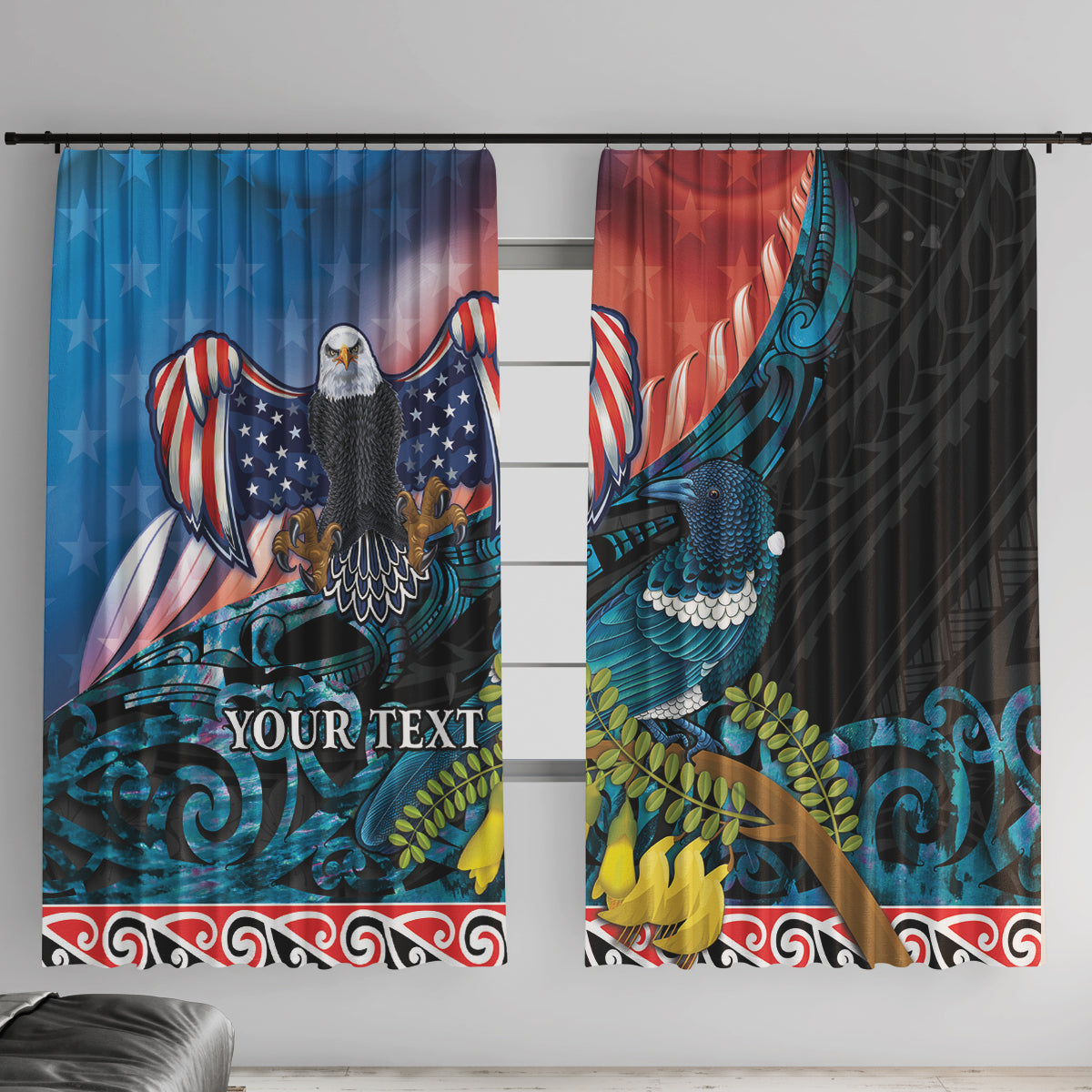 Personalised United States And New Zealand Window Curtain USA Eagle With Kowhai Aotearoa Tui Bird LT14 With Hooks Blue - Polynesian Pride