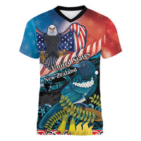 Personalised United States And New Zealand Women V Neck T Shirt USA Eagle With Kowhai Aotearoa Tui Bird