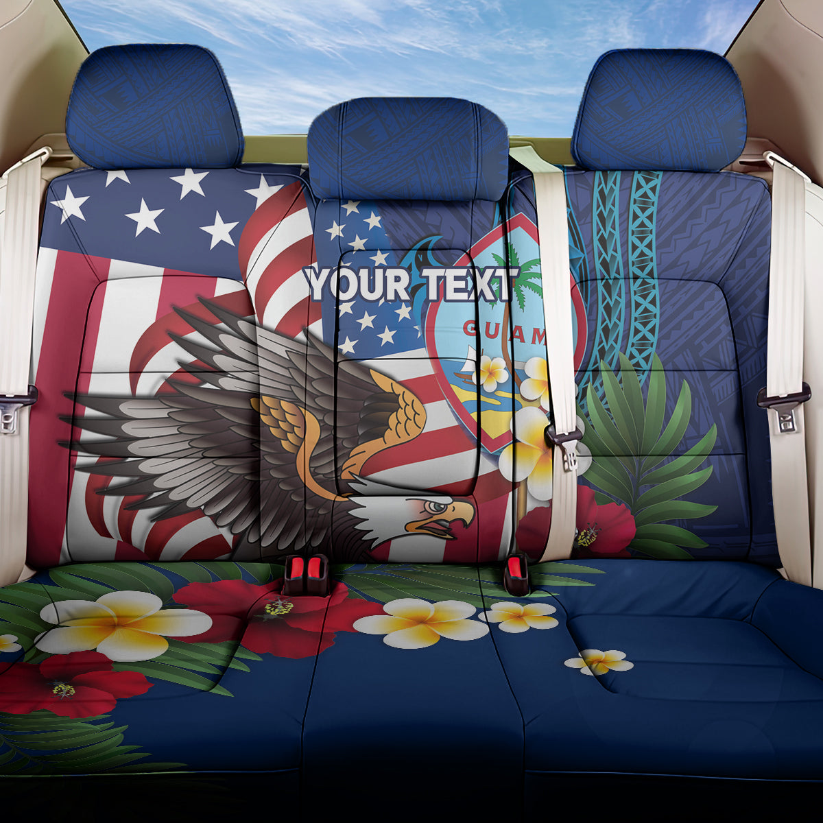 Personalised United States And Guam Back Car Seat Cover USA Eagle With Guahan Seal Tropical Vibes