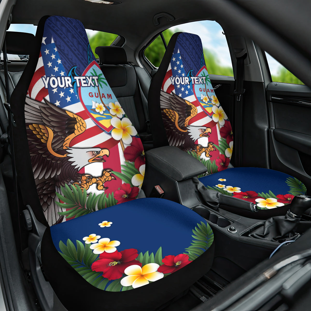 Personalised United States And Guam Car Seat Cover USA Eagle With Guahan Seal Tropical Vibes