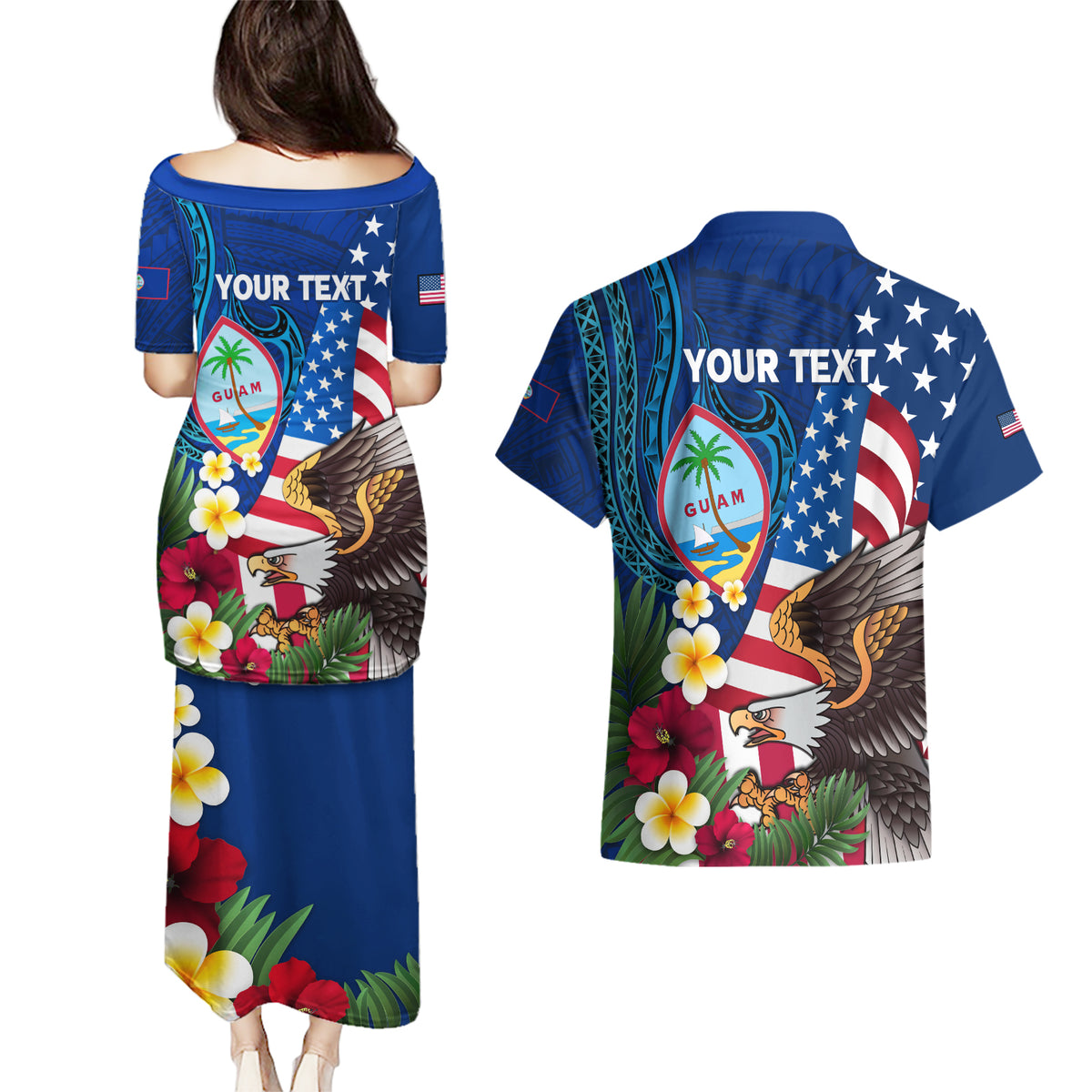 Personalised United States And Guam Couples Matching Puletasi and Hawaiian Shirt USA Eagle With Guahan Seal Tropical Vibes