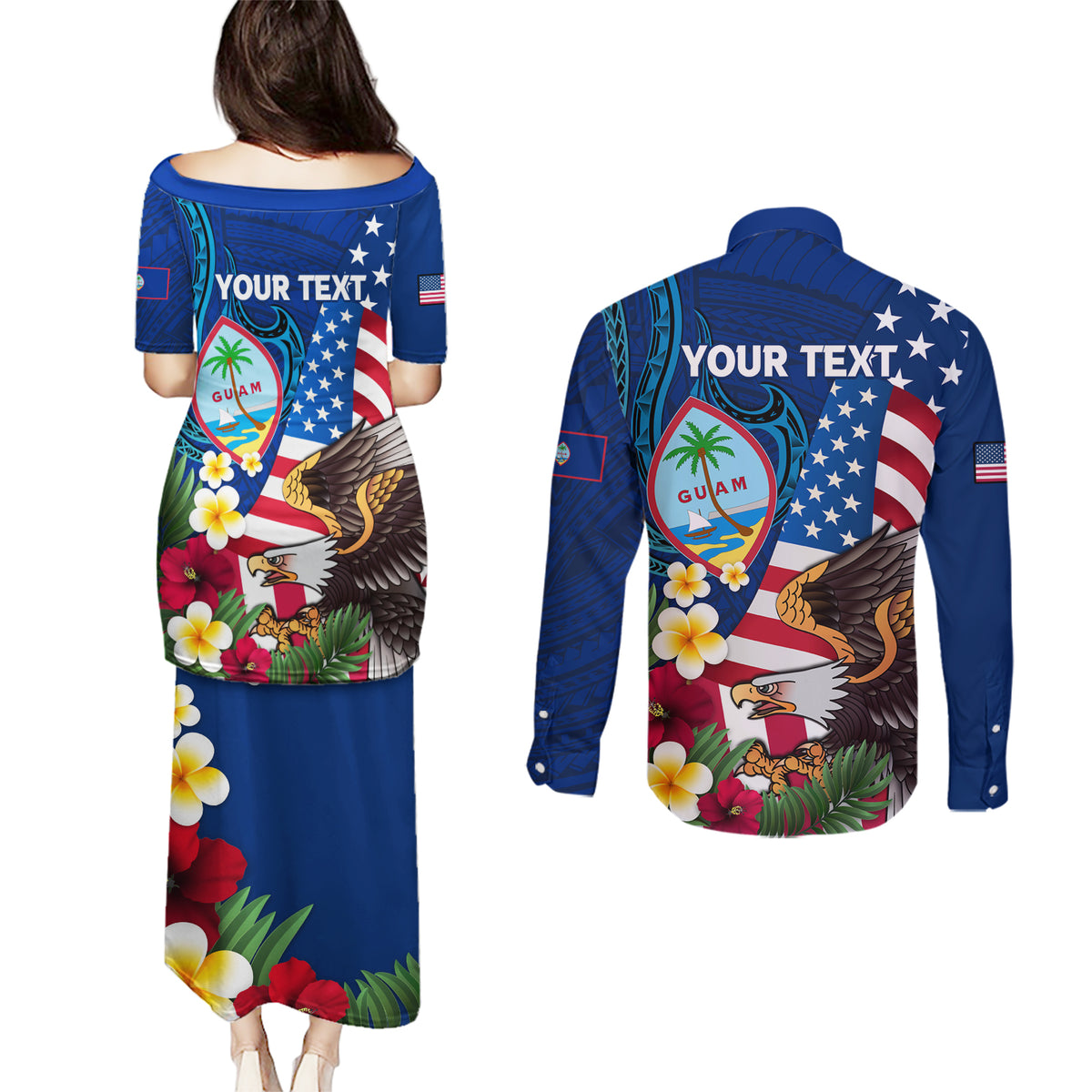 Personalised United States And Guam Couples Matching Puletasi and Long Sleeve Button Shirt USA Eagle With Guahan Seal Tropical Vibes