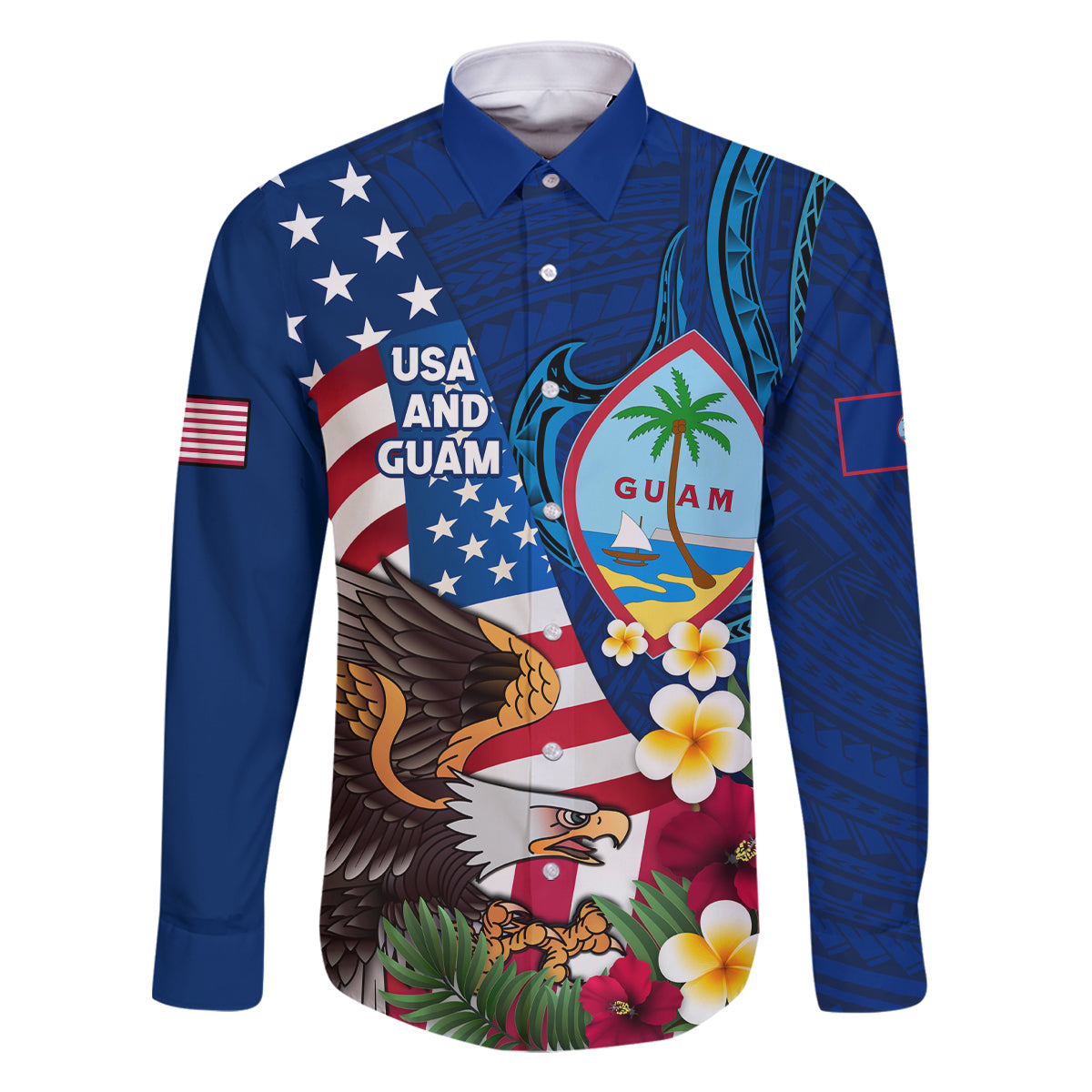 Personalised United States And Guam Family Matching Off The Shoulder Long Sleeve Dress and Hawaiian Shirt USA Eagle With Guahan Seal Tropical Vibes