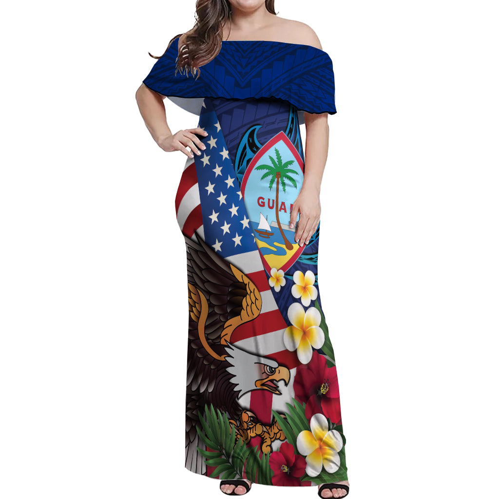 Personalised United States And Guam Off Shoulder Maxi Dress USA Eagle With Guahan Seal Tropical Vibes