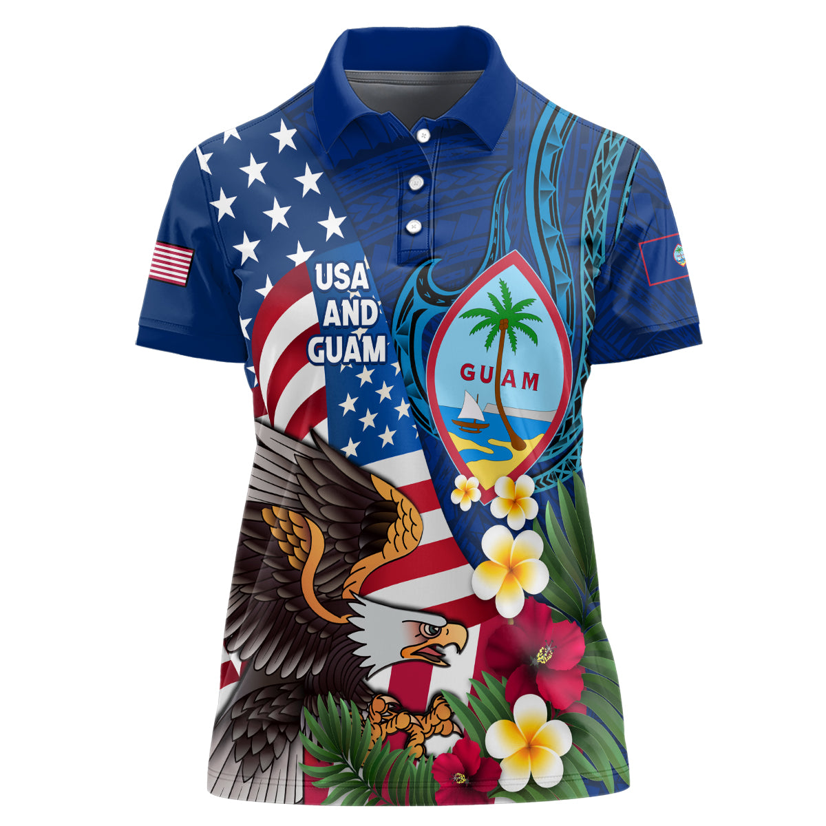 Personalised United States And Guam Women Polo Shirt USA Eagle With Guahan Seal Tropical Vibes