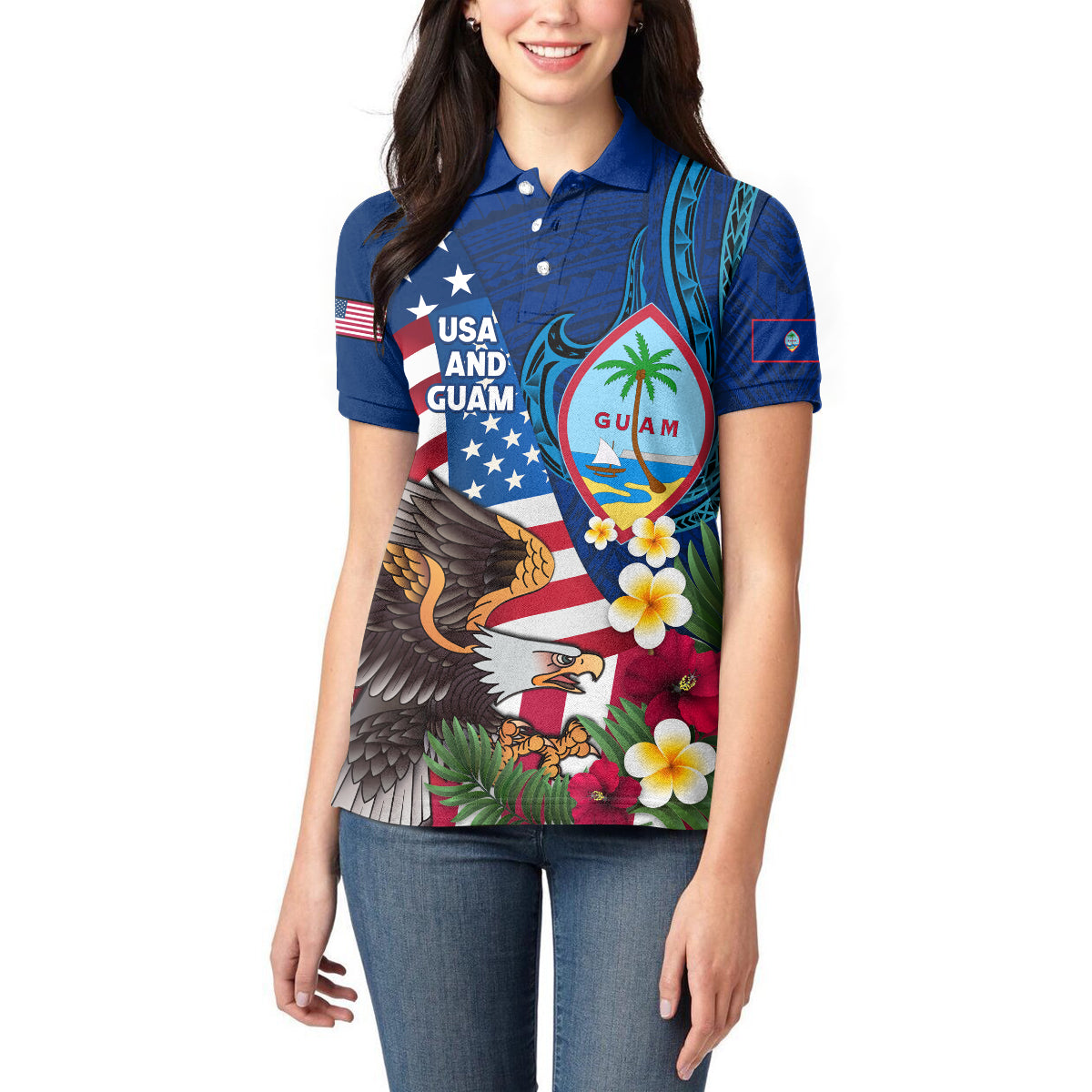 Personalised United States And Guam Women Polo Shirt USA Eagle With Guahan Seal Tropical Vibes