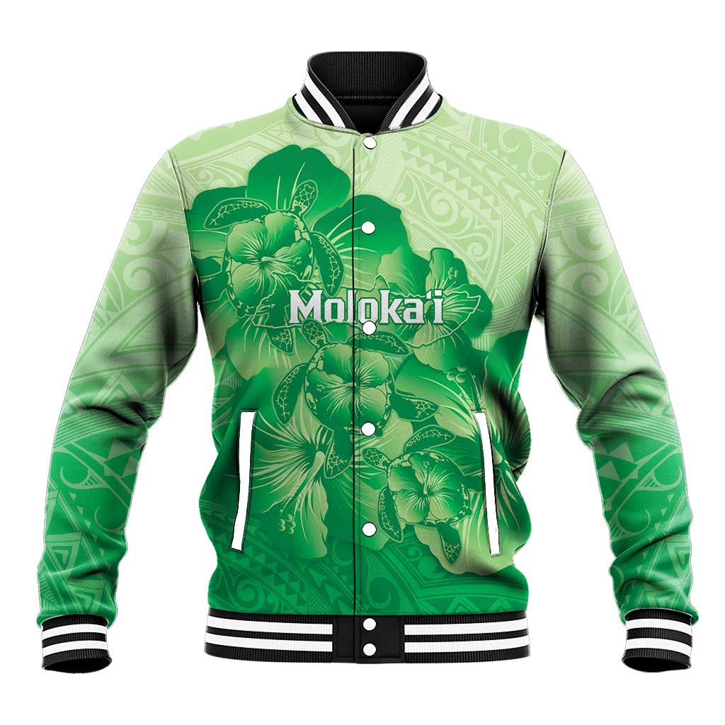 Aloha Hawaii Molokai Island Baseball Jacket Hibiscus Tribal Honu Hawaiian Tattoo Green