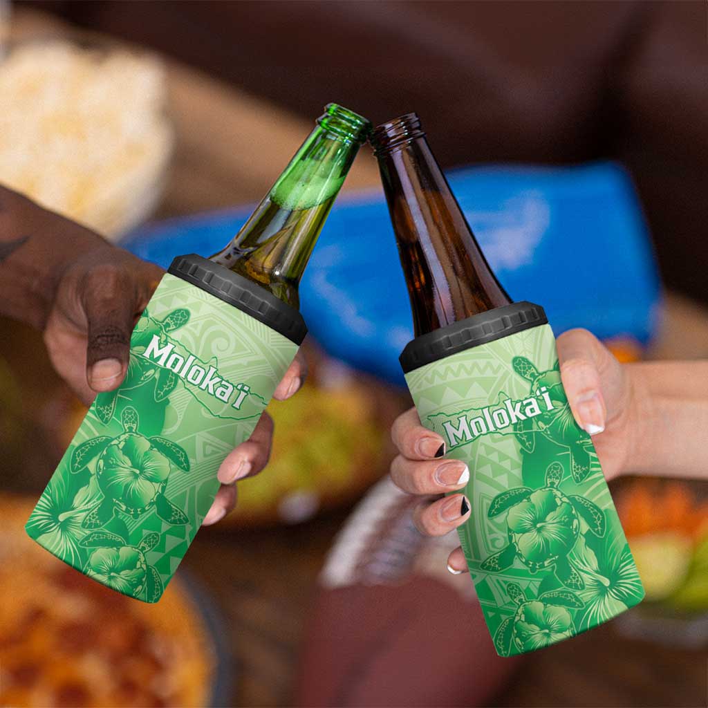 Aloha Hawaii Molokai Island 4 in 1 Can Cooler Tumbler Hibiscus Tribal Honu Hawaiian Tattoo Green