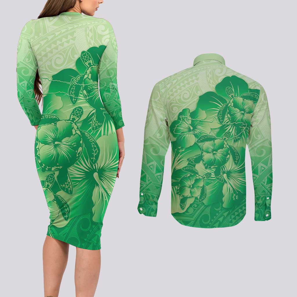 Aloha Hawaii Molokai Island Couples Matching Long Sleeve Bodycon Dress and Long Sleeve Button Shirt Hibiscus Tribal Honu Hawaiian Tattoo Green