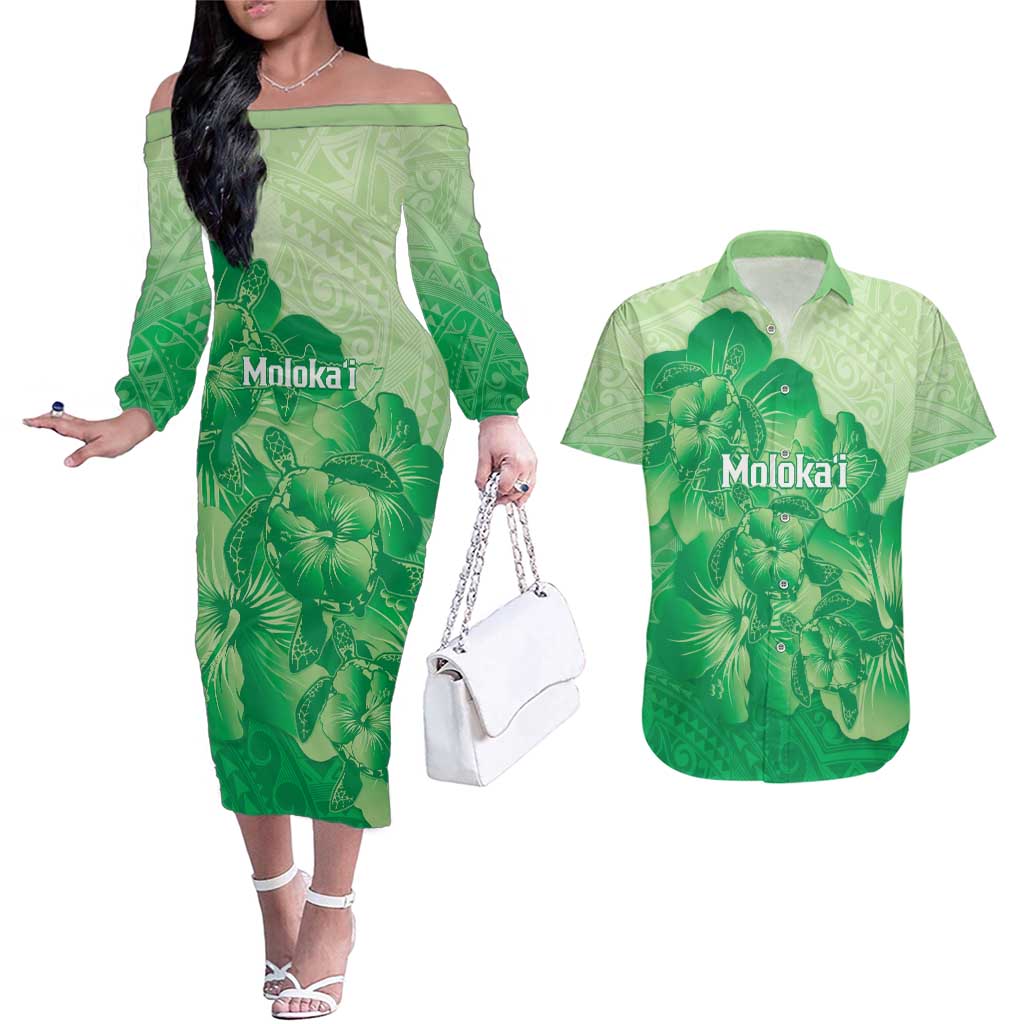 Aloha Hawaii Molokai Island Couples Matching Off The Shoulder Long Sleeve Dress and Hawaiian Shirt Hibiscus Tribal Honu Hawaiian Tattoo Green
