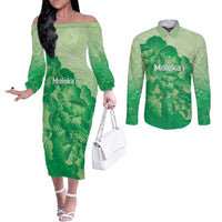 Aloha Hawaii Molokai Island Couples Matching Off The Shoulder Long Sleeve Dress and Long Sleeve Button Shirt Hibiscus Tribal Honu Hawaiian Tattoo Green