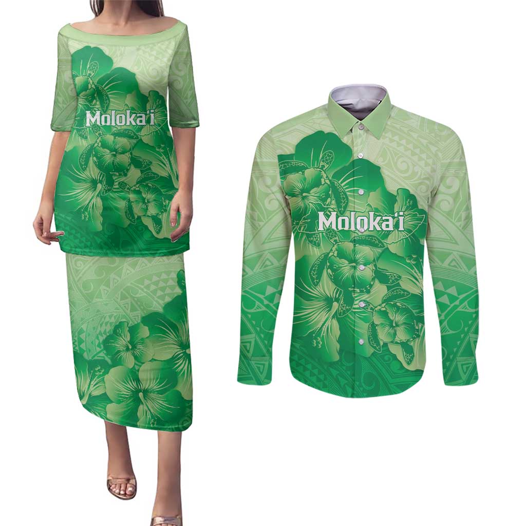 Aloha Hawaii Molokai Island Couples Matching Puletasi and Long Sleeve Button Shirt Hibiscus Tribal Honu Hawaiian Tattoo Green