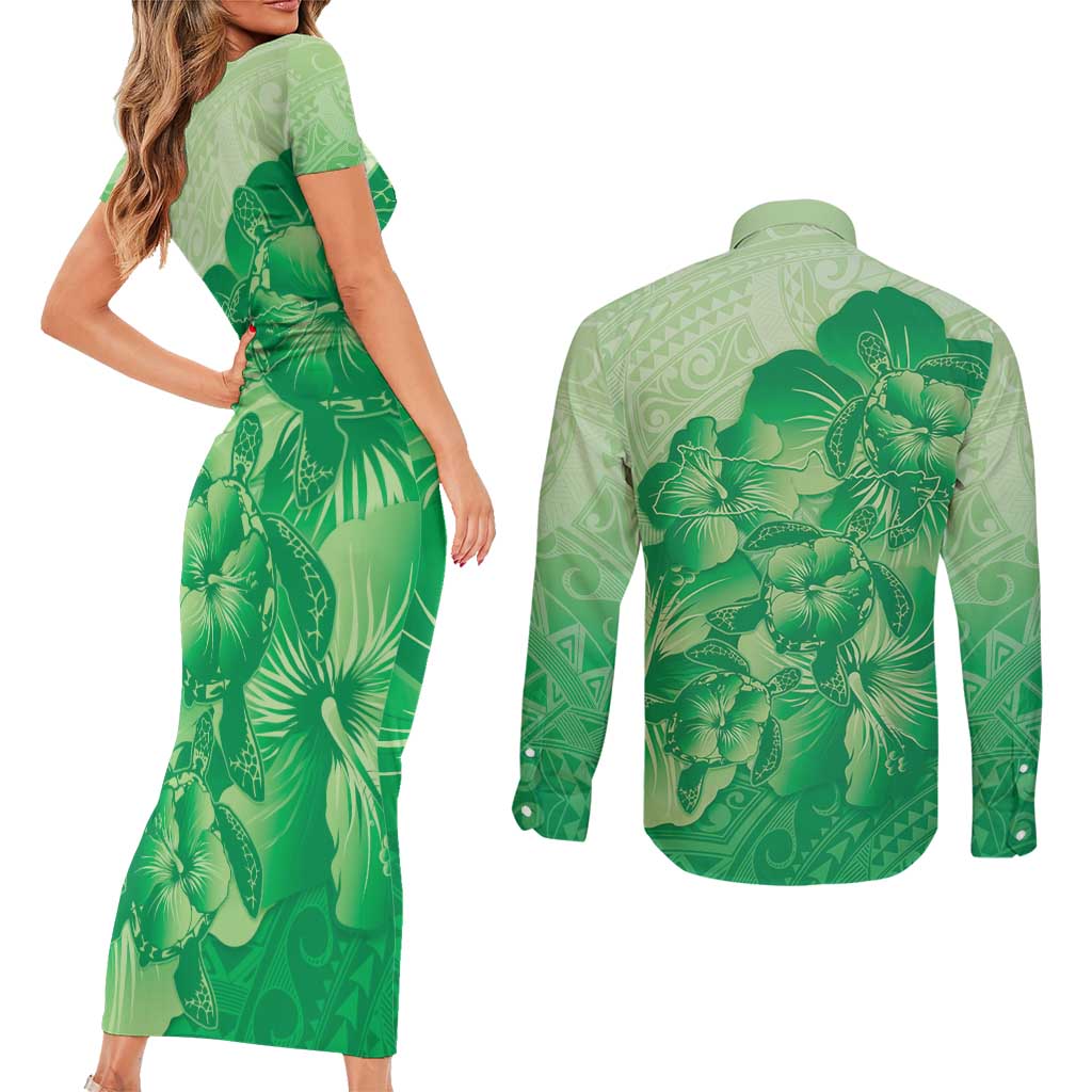 Aloha Hawaii Molokai Island Couples Matching Short Sleeve Bodycon Dress and Long Sleeve Button Shirt Hibiscus Tribal Honu Hawaiian Tattoo Green