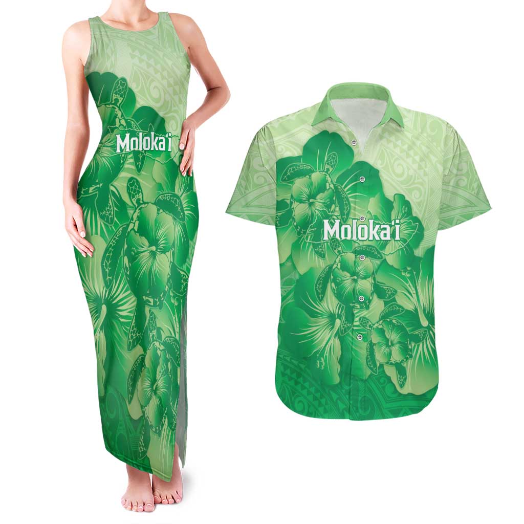 Aloha Hawaii Molokai Island Couples Matching Tank Maxi Dress and Hawaiian Shirt Hibiscus Tribal Honu Hawaiian Tattoo Green