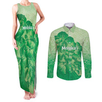 Aloha Hawaii Molokai Island Couples Matching Tank Maxi Dress and Long Sleeve Button Shirt Hibiscus Tribal Honu Hawaiian Tattoo Green