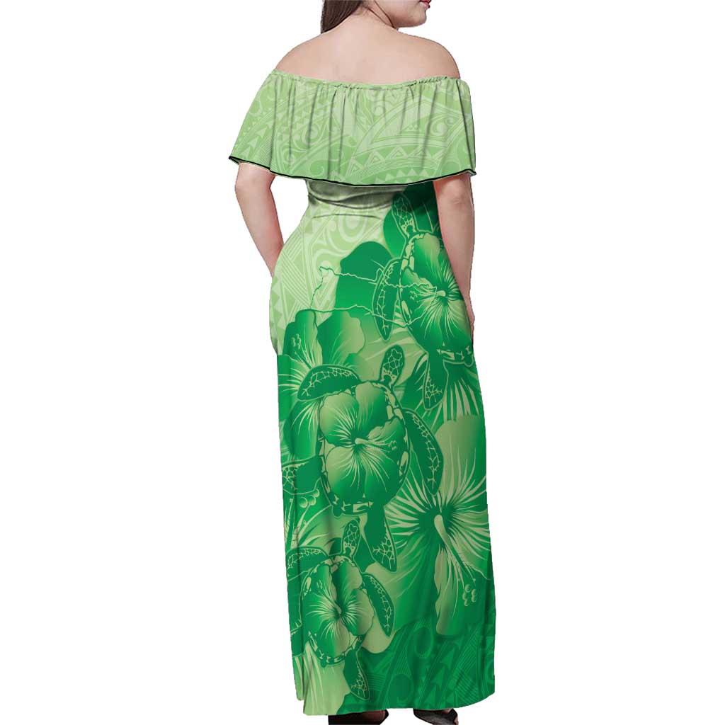 Aloha Hawaii Molokai Island Family Matching Off Shoulder Maxi Dress and Hawaiian Shirt Hibiscus Tribal Honu Hawaiian Tattoo Green