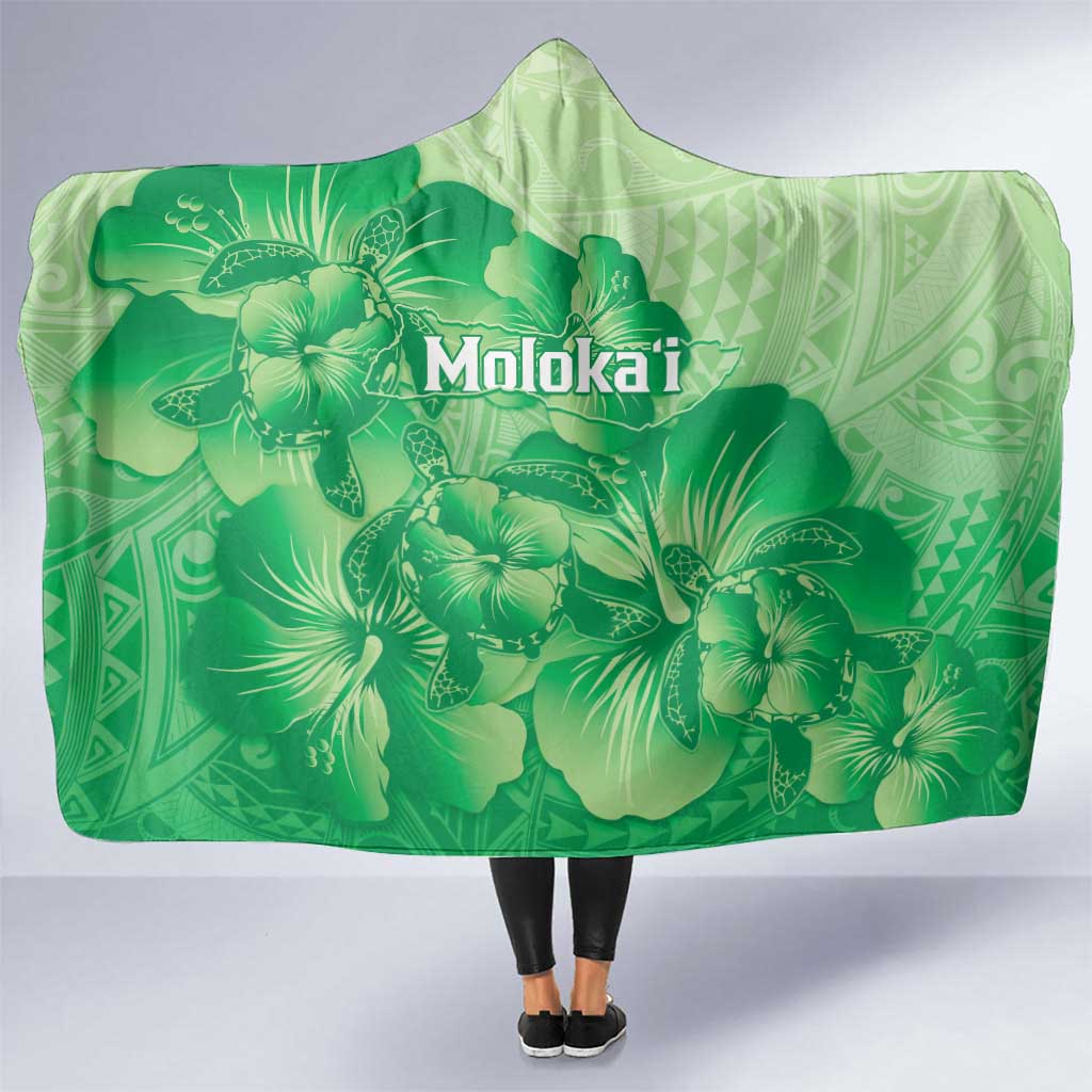 Aloha Hawaii Molokai Island Hooded Blanket Hibiscus Tribal Honu Hawaiian Tattoo Green