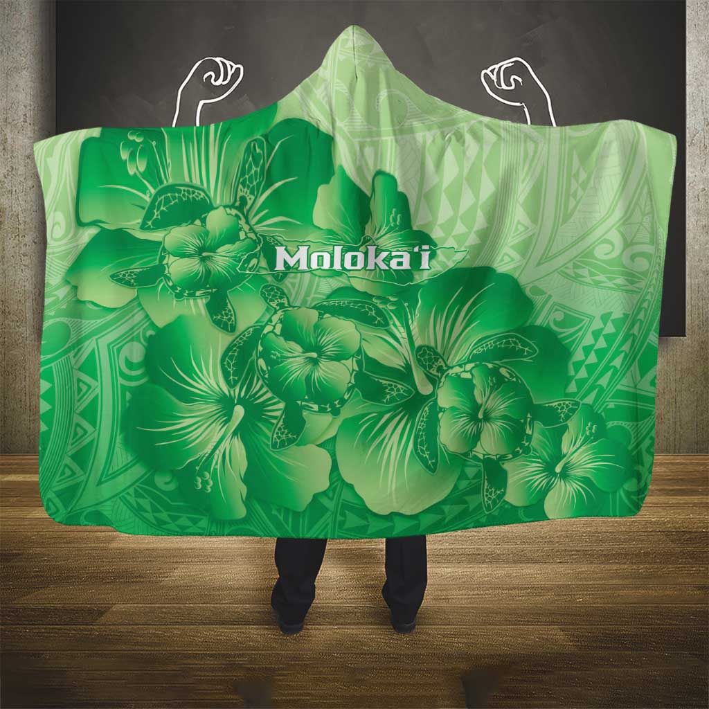 Aloha Hawaii Molokai Island Hooded Blanket Hibiscus Tribal Honu Hawaiian Tattoo Green