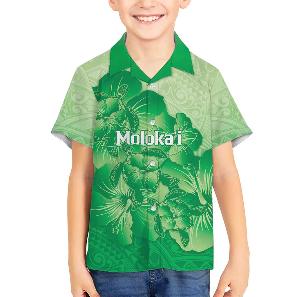 Aloha Hawaii Molokai Island Kid Hawaiian Shirt Hibiscus Tribal Honu Hawaiian Tattoo Green