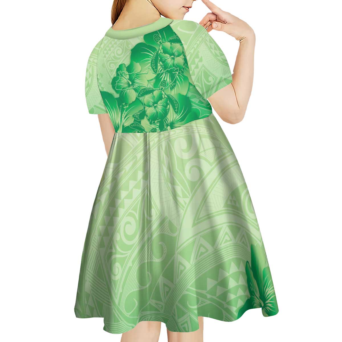 Aloha Hawaii Molokai Island Kid Short Sleeve Dress Hibiscus Tribal Honu Hawaiian Tattoo Green
